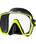 Front view of Freedom HD Scuba Mask with Ultra Wide 180-Degree View, Rotational Buckle System, Large Low-Volume Frame in black and flash yellow.