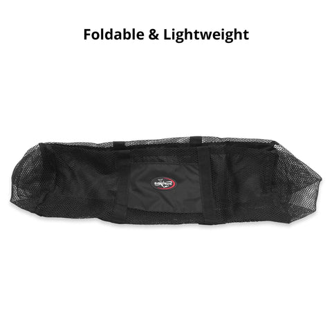 Extra Large Mesh Duffle Bag With Zipper For Scuba Gear And Snorkeling Foldable Lightweight Beach Bag shown folded, mesh detail visible.