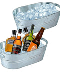 Two Pack Galvanized Tub Ice Buckets Set Of Two Large Metal Beverage Buckets With Carry Handles For Parties Keep Drinks Ice Cold Beer Wine Champagne Cooling Three Gallon Capacity Mimosa Bar Supplies And Outdoor Cocktails filled with ice and assorted beverages