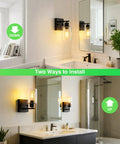 Modern Matte Black Wall Sconces With Clear Glass Shades, Farmhouse Industrial Vanity Lights For Bathroom Mirror Bedroom Hallway, Real Deal Build That Is A Total Game Changer For Any Space, shown in upward and downward installations.