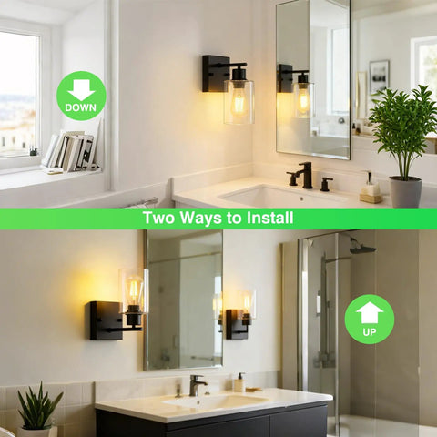 Modern Matte Black Wall Sconces With Clear Glass Shades, Farmhouse Industrial Vanity Lights For Bathroom Mirror Bedroom Hallway, Real Deal Build That Is A Total Game Changer For Any Space, shown in upward and downward installations.