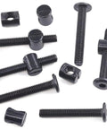 Fifty Piece M6 X Forty Millimeter Black Zinc Plated Hex Socket Crib Bolts With Matching Barrel Nuts And Hex Key For Rock Solid Furniture And Bed Frame Setup. Close-up of assorted black hex bolts and barrel nuts.