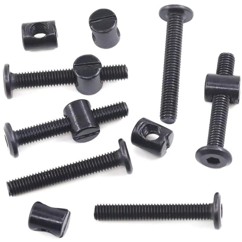 Fifty Piece M6 X Forty Millimeter Black Zinc Plated Hex Socket Crib Bolts With Matching Barrel Nuts And Hex Key For Rock Solid Furniture And Bed Frame Setup. Close-up of assorted black hex bolts and barrel nuts.