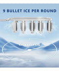 Slick Countertop Ice Maker That Whips Up Fast Six Minute Frozen Cubes While Dropping A Solid 25 Pounds Each Day Featuring Smooth Self Cleaning Tech For Your Home Kitchen Vibes showing 9 bullet ice slots and timer reading 6 minutes.