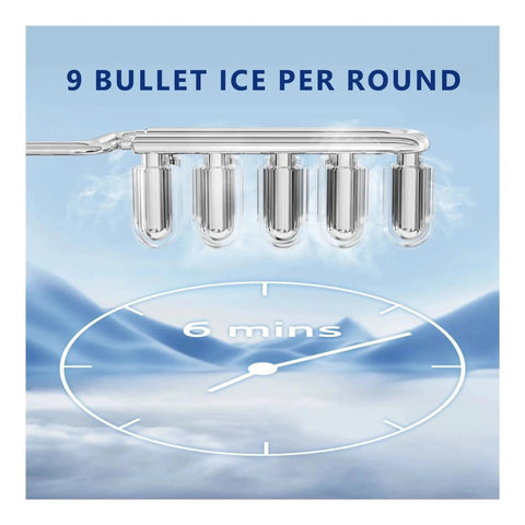 Slick Countertop Ice Maker That Whips Up Fast Six Minute Frozen Cubes While Dropping A Solid 25 Pounds Each Day Featuring Smooth Self Cleaning Tech For Your Home Kitchen Vibes showing 9 bullet ice slots and timer reading 6 minutes.