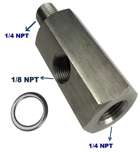 Stainless steel oil pressure sensor tee adapter with 1/4 NPT female, 1/4 NPT male and 1/8 NPT side port; includes washer.