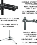 Sport Mechanic Bicycle Repair Stand With Tripod Base, close-up of tool tray, clamp with spinner knob, and aluminum tripod base.