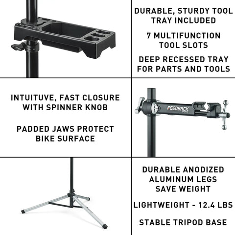 Sport Mechanic Bicycle Repair Stand With Tripod Base, close-up of tool tray, clamp with spinner knob, and aluminum tripod base.