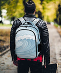 Individual wearing Pastel Watercolor Ocean Wave Print Unisex Backpack Large Capacity Durable Polyester Daypack in park