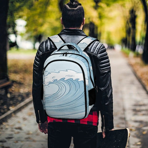 Individual wearing Pastel Watercolor Ocean Wave Print Unisex Backpack Large Capacity Durable Polyester Daypack in park