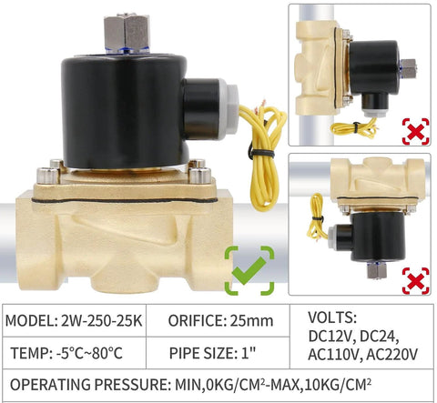 1 Inch Normally Open 2 Way Brass Electric Solenoid Valve For Water And Air, Direct Acting Wet Armature, 2W-250-25K, 110V AC