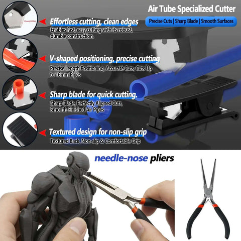 All In One 82 Piece 3D Printer Tool Kit In Durable Case With PTFE Cutter Deburring Tools Scrapers Files Brushes Drill Tweezers Nozzle Cleaner Filament Cutter And More For FDM Printers showing needle-nose pliers and cutter