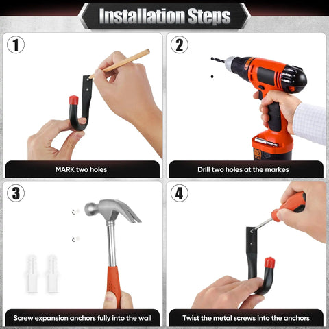 Steps to install 24 Pack Heavy Duty Garage Hooks With EVA Pads 3.5 Inch Wall Mount Hooks 100 Lbs Capacity Perfect For Hanging Bikes Kayaks Ladders