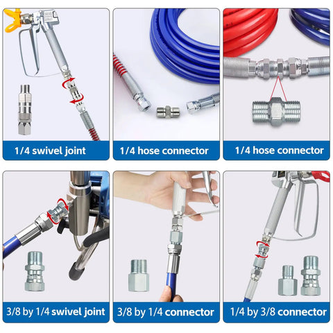 Six Piece Pro Grade Sprayer Joint Set For Airless Paint Sprayers With Spray Gun Swivel Joint And Paint Hose Connectors That Include Quarter Inch And Three Eighth Inch Fittings In Multiple Sizes For Fast Flexible Attachments, 1/4 and 3/8 connectors