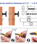 Ten Pack One And One Quarter Inch Matte Black Round Cabinet Knobs installation guide showing measurements and fitting process.