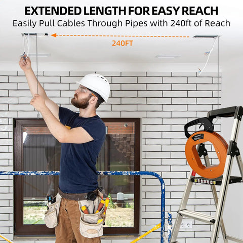 240 Ft Heavy Duty Flat Steel Fish Tape With Thumb Brake And Ergonomic Handle in use to pull cables through pipes.