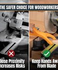 Dual Notch Safety Push Stick With Loop Handle Grip in use on a saw demonstrating safe hand distance from cutting blade.