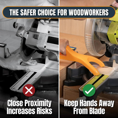 Dual Notch Safety Push Stick With Loop Handle Grip in use on a saw demonstrating safe hand distance from cutting blade.