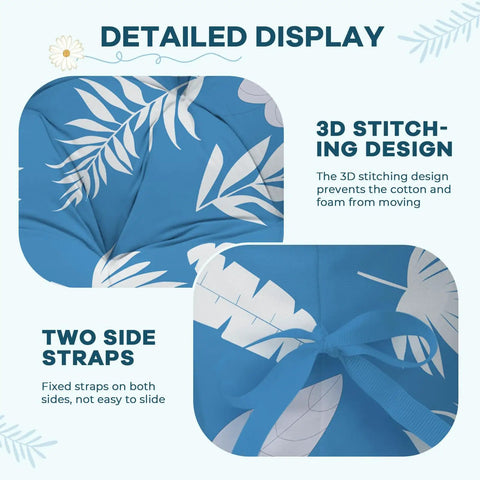 Waterproof Outdoor Egg Chair Cushion Replacement With Ties For Hanging Egg Couch 47 By 35 By 7 Inches Thick Plush Comfy Cushion Blue Leaf Color Fits Most Egg Chairs showing 3D stitching and side straps.