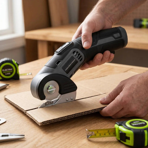 Lightweight Cordless Electric Scissors With Safety Lock For Easy Cutting Cardboard Fabric Leather Rope Plastic Carpet Perfect For Home DIY Craft Projects And General Household Tasks With Fast Usb Charging And Dual Blades Included For Efficient Workflow cutting through cardboard on a wooden table.