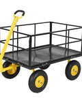 Workhorse 1500 Lb Folding Garden Wagon Cart with 3 in 1 outdoor utility trailer, removable mesh sides, and yellow 13 inch wheels.