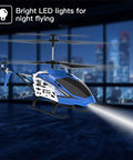 Beginner Friendly Remote Control Helicopter With Altitude Hold And Dual Speed Modes For Adults And Kids Big Size S39H Drone One Key Takeoff And Landing Includes Two Batteries Blue with LED light in a dark room
