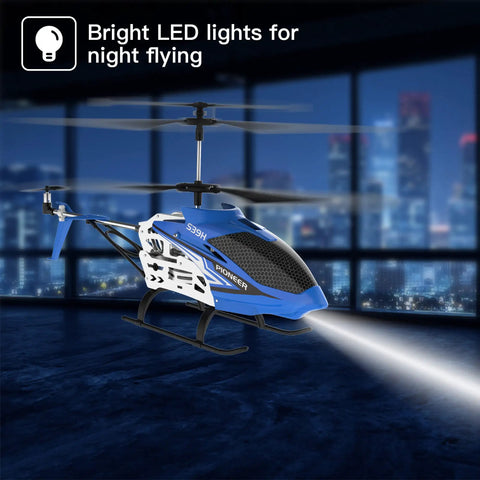Beginner Friendly Remote Control Helicopter With Altitude Hold And Dual Speed Modes For Adults And Kids Big Size S39H Drone One Key Takeoff And Landing Includes Two Batteries Blue with LED light in a dark room