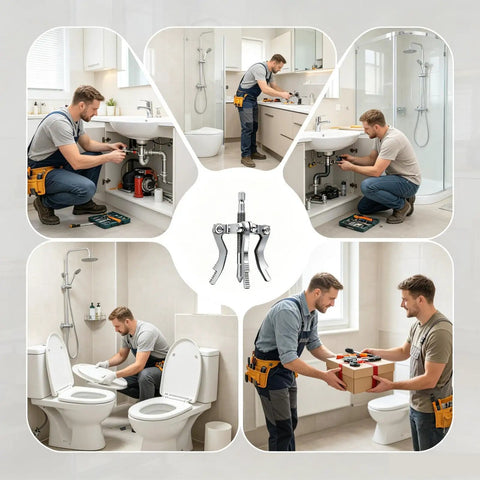 Heavy Duty Pipe Extractor Tool For Snatching Broken Threads Out Of Tricky Tight Corners Without Tearing Down Drywall drill powered, shown in plumbing work.