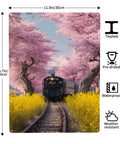 Vintage Steam Train Tin Plaque Sign 12X16 Inch with cherry blossom tunnel and yellow wildflowers, weatherproof metal wall decor