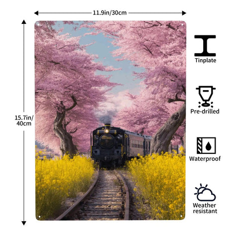 Vintage Steam Train Tin Plaque Sign 12X16 Inch with cherry blossom tunnel and yellow wildflowers, weatherproof metal wall decor