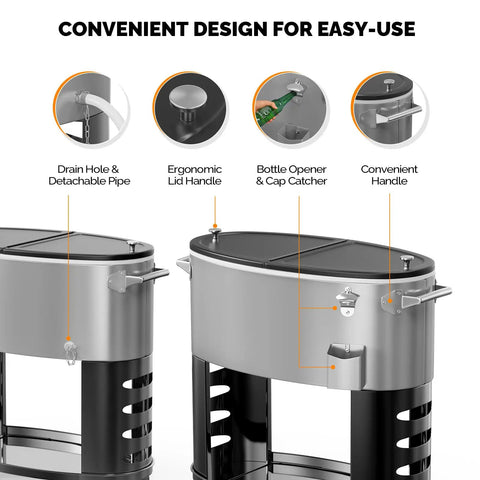 70 Qt Rolling Patio Cooler On Wheels With Bottle Opener And Ice Scoop Portable Ice Chest showing ergonomic lid and bottle opener