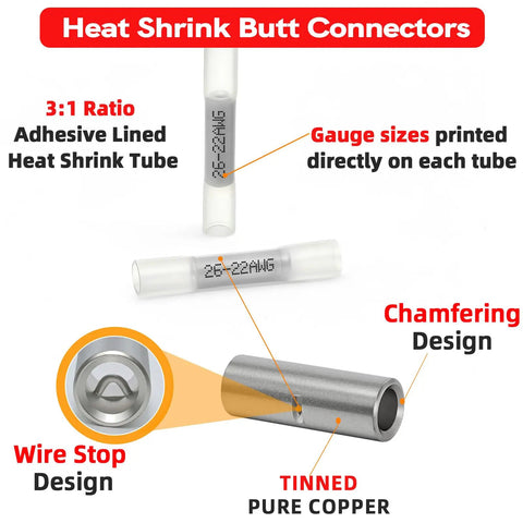 100 Pack Heat Shrink Butt Connectors 26 22 Gauge Marine Grade Waterproof Wire Splice Connectors Tinned Copper Crimp