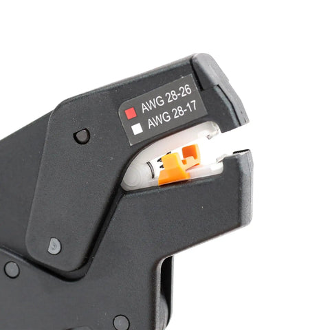 Close-up of Mini Stripax Plus Automatic Wire Stripper And Cutter for 28 to 18 AWG showing adjustable blade mechanism.
