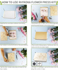 Instructional guide showing how to use the Pro Grade Eight Layer Flower Press Kit 6.3 By 8.3 Inch Wooden Flower Press for pressing flowers.