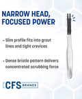 Flo Pac Grout Brush with narrow nylon bristles and white angled handle for precise grout cleaning in tight lines and seams.