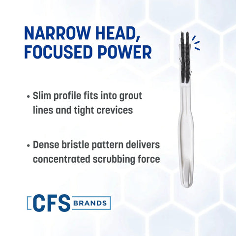 Flo Pac Grout Brush with narrow nylon bristles and white angled handle for precise grout cleaning in tight lines and seams.