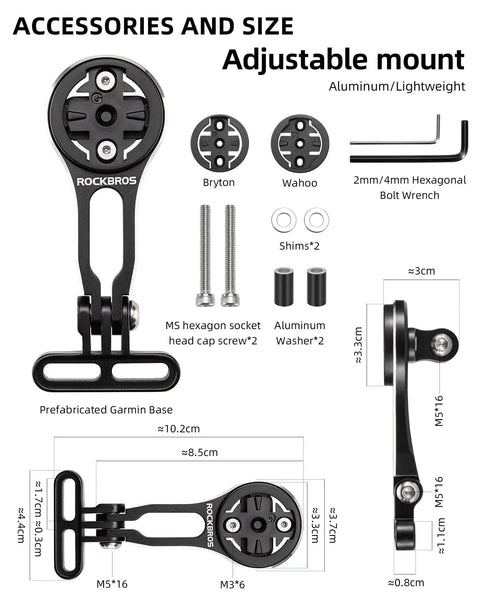 Slick Out Front Bike Computer Mount for handlebar with adjustable aluminum design and accessories, compatible with Garmin Bryton GoPro.