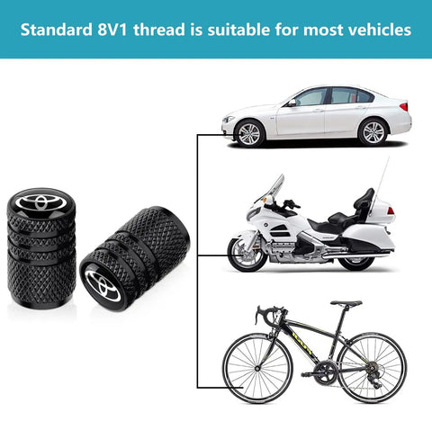 Aluminum Tire Valve Stem Caps 4 Pack Black Easy Snap On Install No Tools Needed Corrosion Resistant Wheel Air Valve Caps For Toyota Corolla RAV4 Highlander And Most Cars displayed with vehicle icons, emphasizing compatibility with various vehicles.