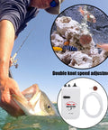 Person holding fish from water with fishing gear accessories and double knot speed adjustment, ocean backdrop