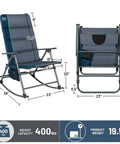 Oversized Folding Rocking Camping Chair With Padded High Back, blue 22.5 in wide seat, dimensions and features shown