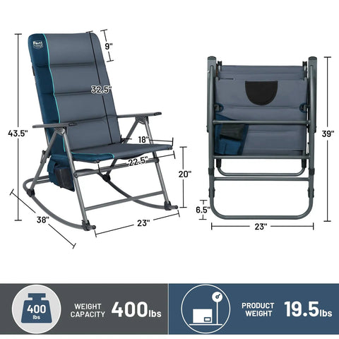 Oversized Folding Rocking Camping Chair With Padded High Back, blue 22.5 in wide seat, dimensions and features shown