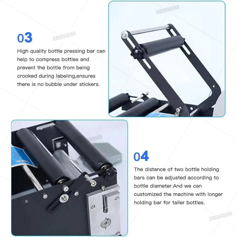 No Sweat Heavy Duty Round Bottle Labeling Machine With Smart Digital Control Quick Adjust Applicator showing bottle pressing bar and rollers.