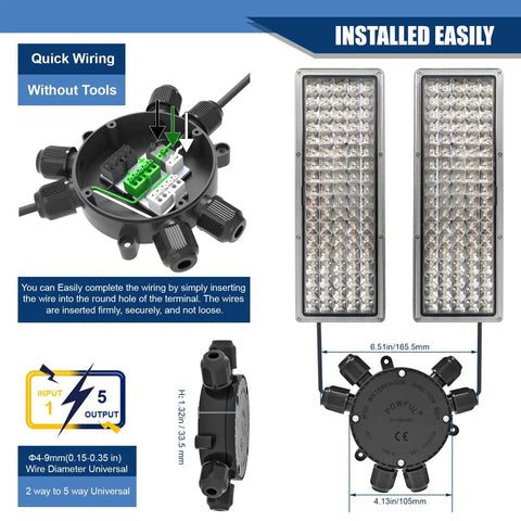 Waterproof Junction Box Cable Connector For 2 To 6 Way Wiring showing multi-channel ports and dimensions, pack of 5.