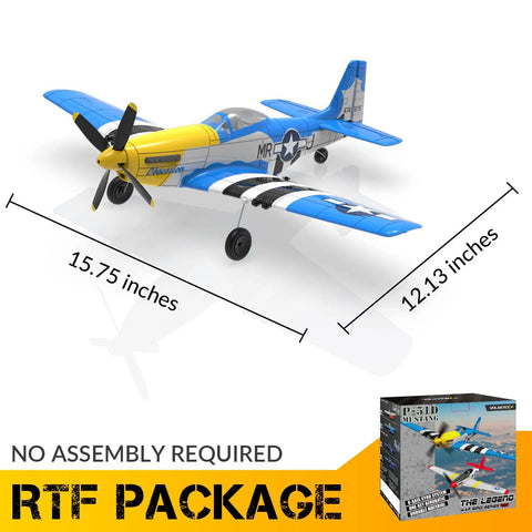 Beginner Friendly RC Plane With Gyro Stabilizer And Powerful Motor For Adults And Kids P51D Mustang 4 Channel 2 4GHz Remote Control Aircraft Ready To Fly Blue dimensions
