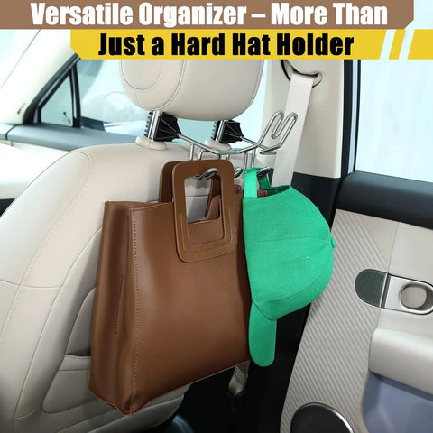 Hard Hat Holder And Gear Organizer For Truck Or Car With Three Lower Hooks For Jackets Tool Bags Headphones And Totes Patent Pending Silver Finish Durable Steel Mount installed on vehicle headrest with tote and cap hanging
