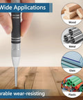 Knockout 5 Inch Automatic Center Punch Marker Spring Loaded Self Centering Hole Starter for Metal Wood And Plastic One Handed Comfort Grip silver precision work tool in use on wood.