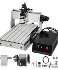 Beefy 3 Axis 3040 CNC Router Engraver With USB Port ER11 500W, showing machine, power box, and accessories; table size 610x450x390 mm.