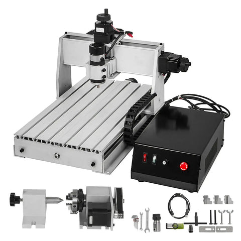 Beefy 3 Axis 3040 CNC Router Engraver With USB Port ER11 500W, showing machine, power box, and accessories; table size 610x450x390 mm.