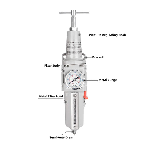 Half Inch NPT High Pressure Air Filter Regulator Combo With T Handle And Semi Auto Drain 0 To 300 Psi Gauge, front view labeled