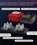 Built Different Heavy Hitter 450A 48V DC Bus Bar Terminal Block 2 Pack features M10 studs and detachable wiring window.